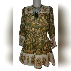 Elan Athena Floral Boho Mini Dress Jade Monterey 100% Cotton Sz M